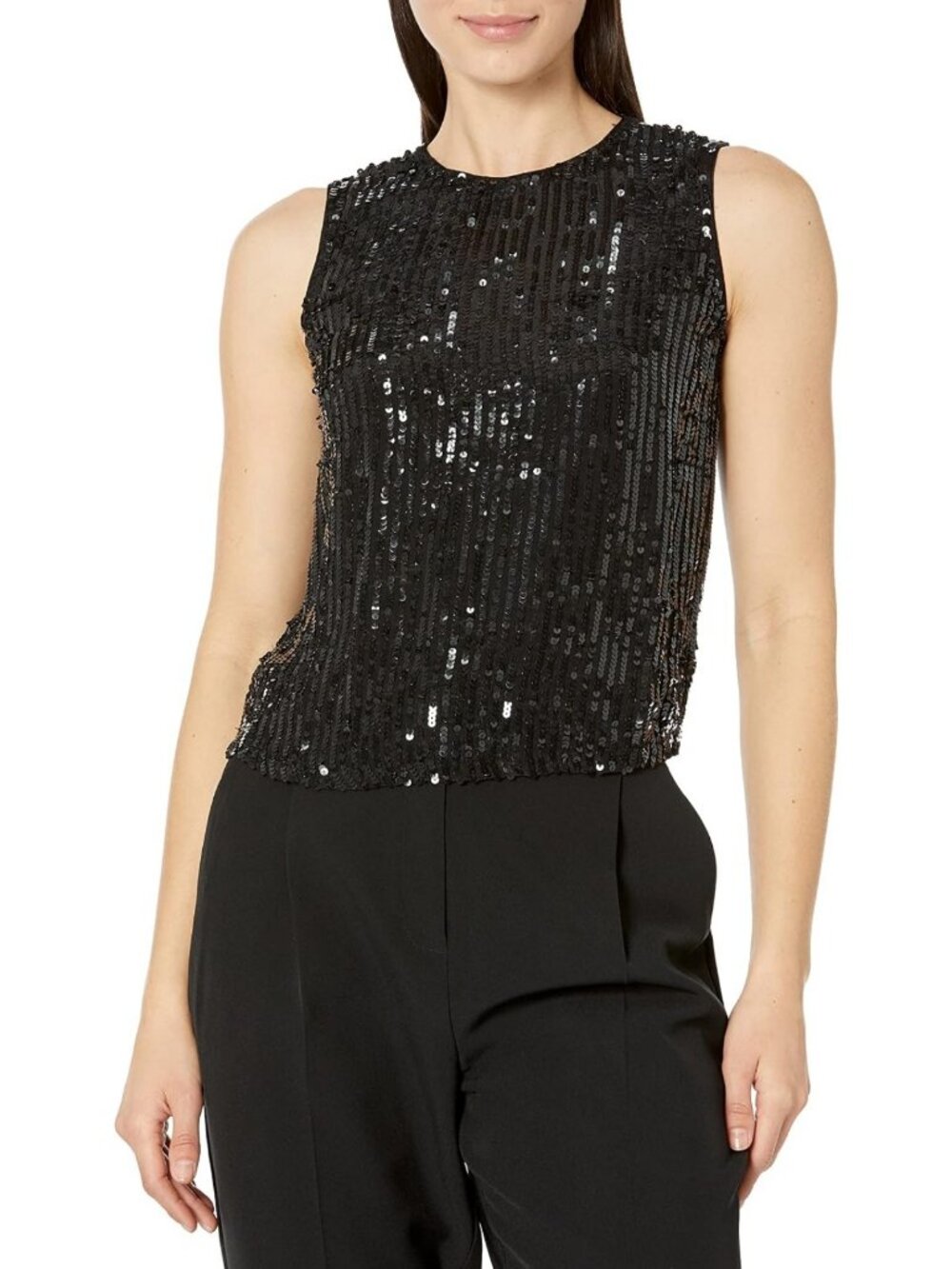 Chic Black Sleeveless Sequin Tank Top - Elegant Party Wear, Size Medium